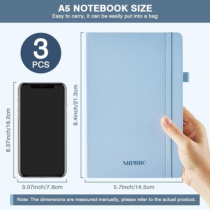 Lined Journal Notebook for Women Men, A5 (5.7"x8.4"), 3 Pack 160 Pages Hardcover Journaling Notebooks with Pen, 100GSM Paper, for Work,Writing,Travel,Business, School Office Supplies, Pink Yellow Blue