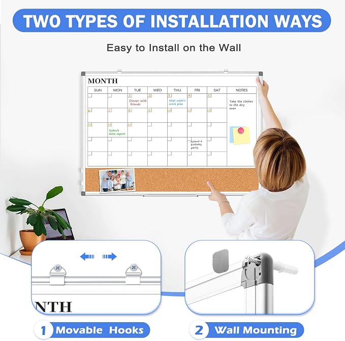 Dry Erase Calendar Whiteboard for Wall, 36" x 24" Monthly Cork White Board | Double-Sided Magnetic, Calendar Cork Whiteboard Combo, Aluminium Frame, Bulletin Portable Board, Home Office School