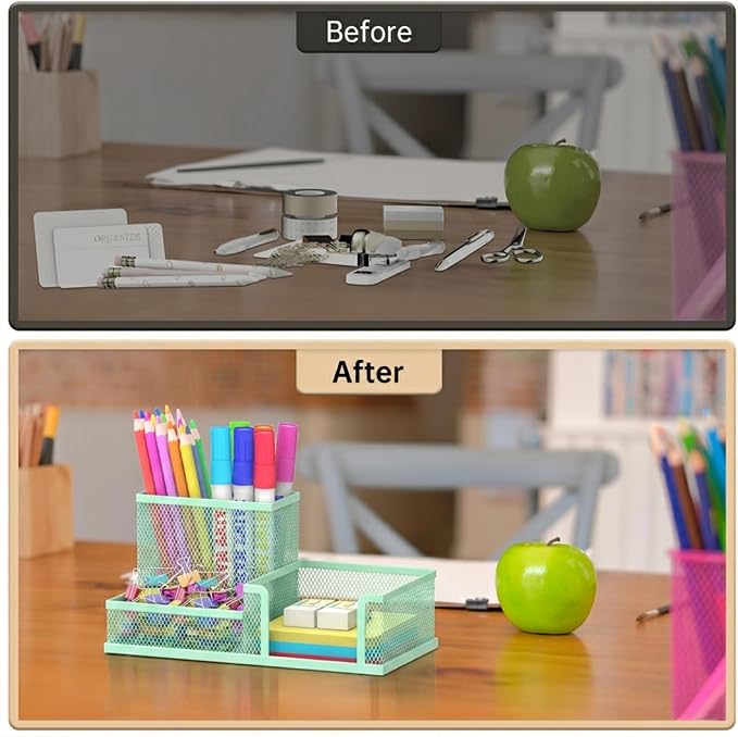 Pen Holder Desk Organizer, Office Supplies Pencil Holder with 3 Compartments, Desk Accessories and Workspace Organizers for Home School Classroom, Green