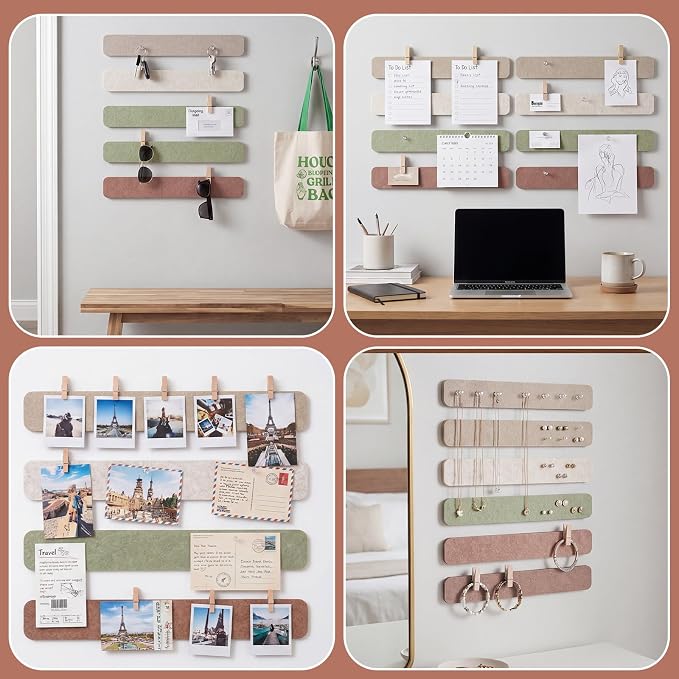 Thboxes 8 Pack Felt Bulletin Board Strips, 13x2 Inch Self Adhesive Felt Pin Boards with 50 Pushpins and 10 Wooden Clips Push Pins, Cork Board for Walls Home Office Decor(Vintage Neutral)