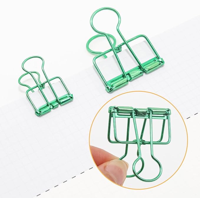 20 Pcs Hollow Out Long Tail Wire Binder Clips, 10 Medium + 10 Small | Green, Assorted Sizes, Hollow Binder Clamps, Paper Binder Clips for Office School Supplies