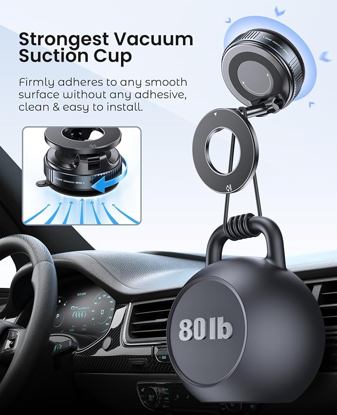 Jononser Magnetic Car Phone Holder for MagSafe, Vacuum Suction Phone Mount with Dashboard Pad for Dashboard & Windshield, Pocket-Size Foldable 360° Adjustable Car Mount for iPhone 17-12 Series