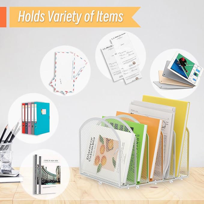 MINDEPOT Desk File Organizer 5 Sections Desktop Organizer File Sorter Office Organization File Folder Holder for Office School & Classroom (Silver, 5 Section - 1Pack)