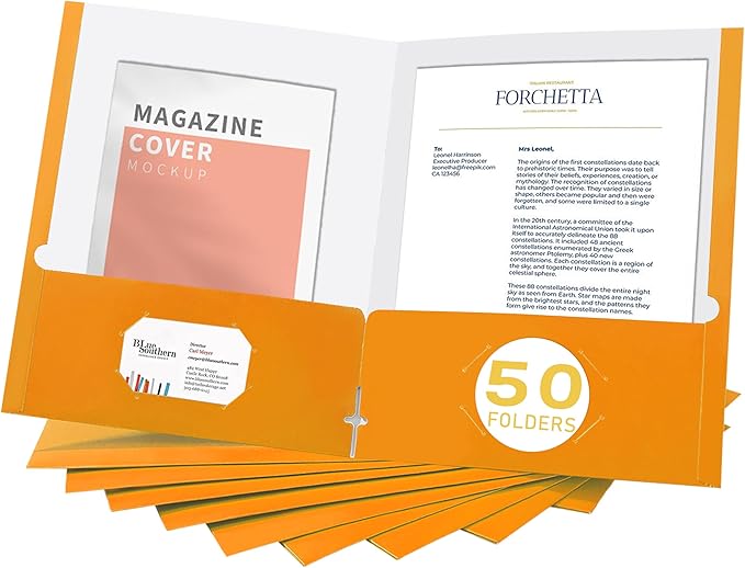 Zzrywuty File Folders with Pockets Letter Size,50-Pack Paper Folders with Card Slot,Orange Two Pocket Folders for School Students,Businessmen,Home and Office Workers