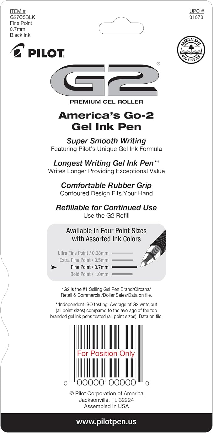 PILOT G2 Pens, 0.7mm, Black Ink, 5-Pack
