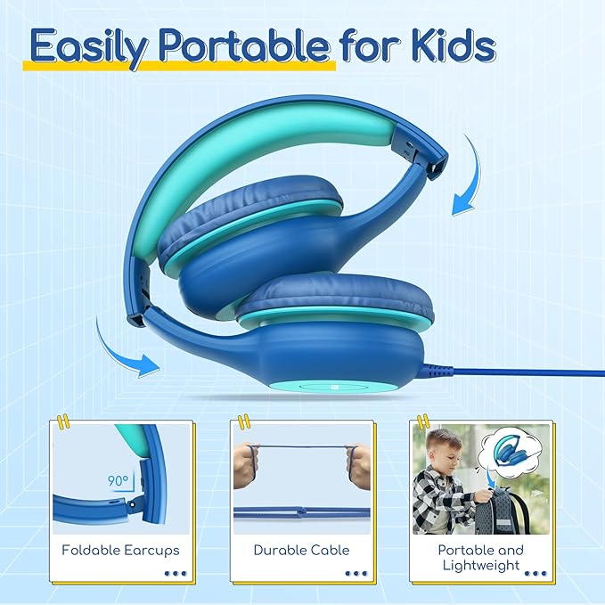 EarFun 2Packs Kids Headphones Wired with Microphone, 85/94dB Volume Limit Headphones for Kids, Portable Wired Headphone with Shareport, Stereo Sound Foldable Headset for School/Tablet/iPad/Kindle