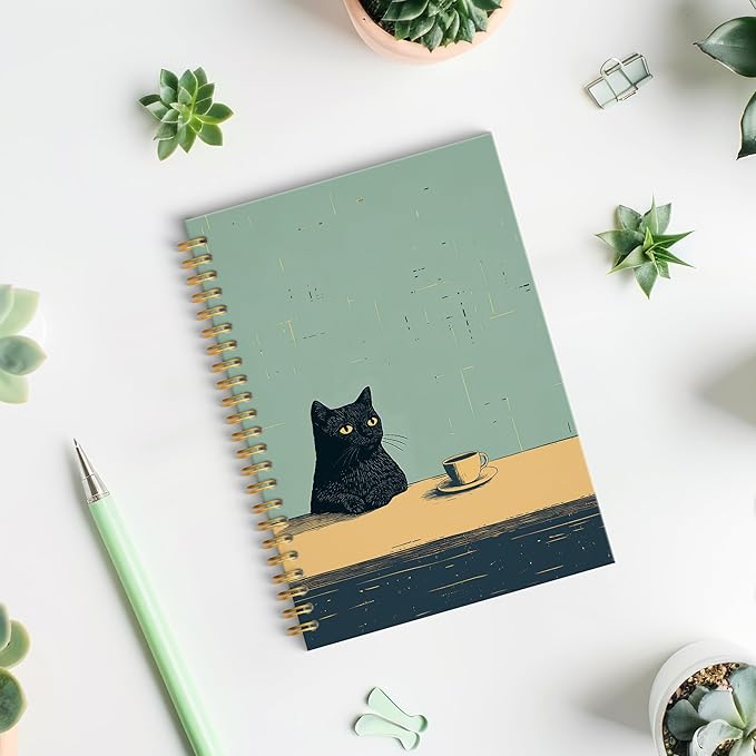 Vintage Coffee Black Cat Spiral Notebook, Black Cat Gifts Journal, Cats Lovers Mom Lady Gifts Journal Notebook, 5.5x8.3 Inch