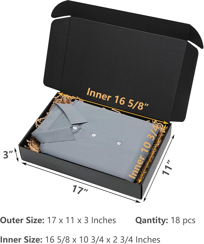 Timirog Shipping Boxes 17x11x3 Inches 18 Pack Black Corrugated Cardboard | Mailing Box for Small Business, Tab Locking Literature Mailer Packaging Supplies for Packing Clothes Shirt Robe Gifts