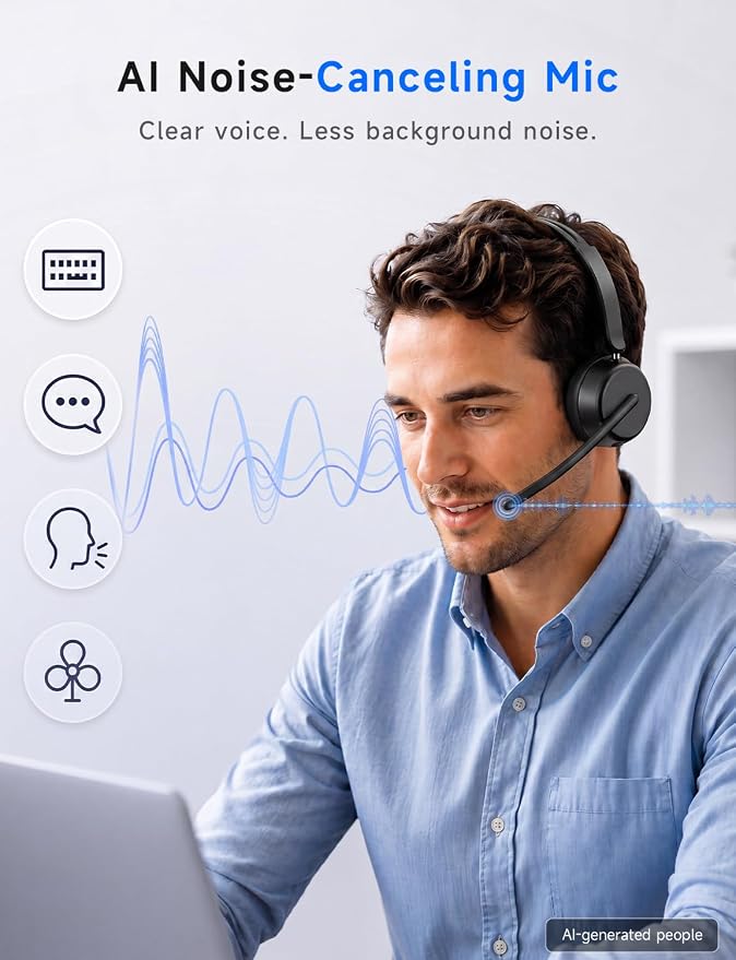AOC Wireless Headset with Mic for Work, Bluetooth 5.4 Headphones-Dark Black | AI Noise-Canceling Mic for Clear Calls, Computer Headset with Mic Mute & USB A/C Dongle for PC, Computer, Laptop