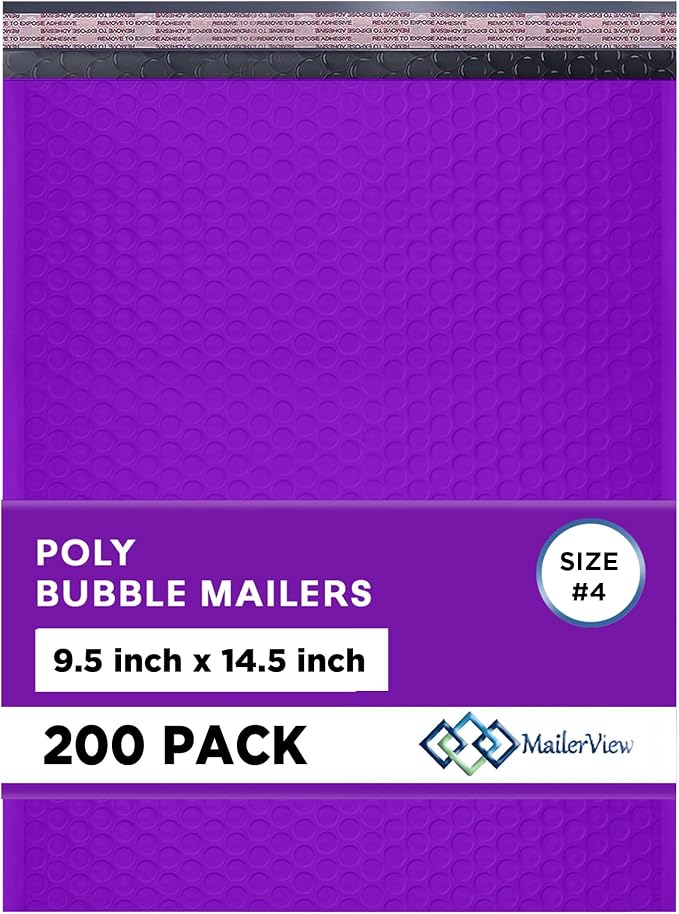 Purple Bubble Mailers 9.5x14.5, Poly Padded Envelopes #4, 200 Pack Bulk | Fits Books & Magazines, Self-Seal Closure, Cushioned Protection, Water-Resistant Poly, Bulk Pack