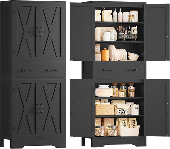 Tall Storage Cabinet with 2 Adjustable Shelves & 1 Large Drawer, Kitchen Pantry Cabinet with 4 Doors, Bathroom Storage Cabinets, for Living Room, Kitchen, Bathroom, Black