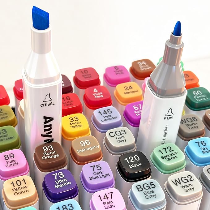 AnyMark Alcohol Markers, 80 Colors Dual Tip Art Coloring Markers Set for Adult Book Drawing Sketching Painting, Chisel & Fine, White Penholder