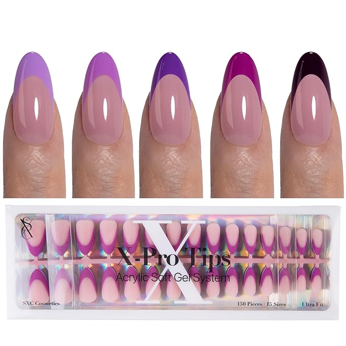 SXC Cosmetics French Tip Press On Nails 150 Pieces in 15 Sizes Ultra Fit with Pre-applied Tip Primer and Base Coat, No Need to File Fake Nails for Nail Art DIY X-Pro Tips (5PURPLE115-M Almond)