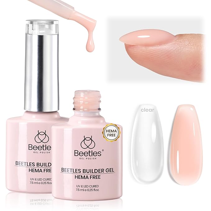 Beetles Builder Gel for Nails HEMA-Free,2 Colors Clear & Jelly Nude Building Gel,for Building Apex Strengthening Thickening Extension Sensitive Nails,Friendly for Beginners DIY UV Nail Salon at Home