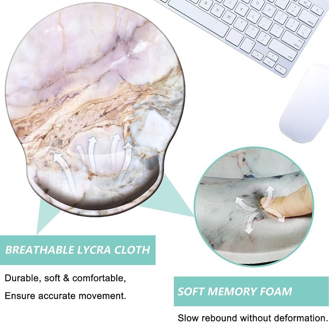 Mouse Pad with Wrist Support, Ergonomic Mouse Pad with Memory Foam Wrist Rest Cushion, Non-Slip Rubber Base Gaming Mice Pad for Home Office Computer Laptop, White Marble
