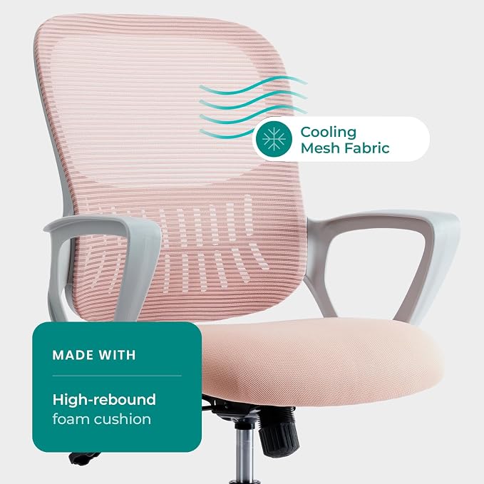 OLIXIS Home Office Chair, Mesh Desk Chair, Ergonomic Lumbar Support | Mid Back Computer Ergonomic, Height Adjustable Swivel Task, Large Seat Armrest, Adults, Pink