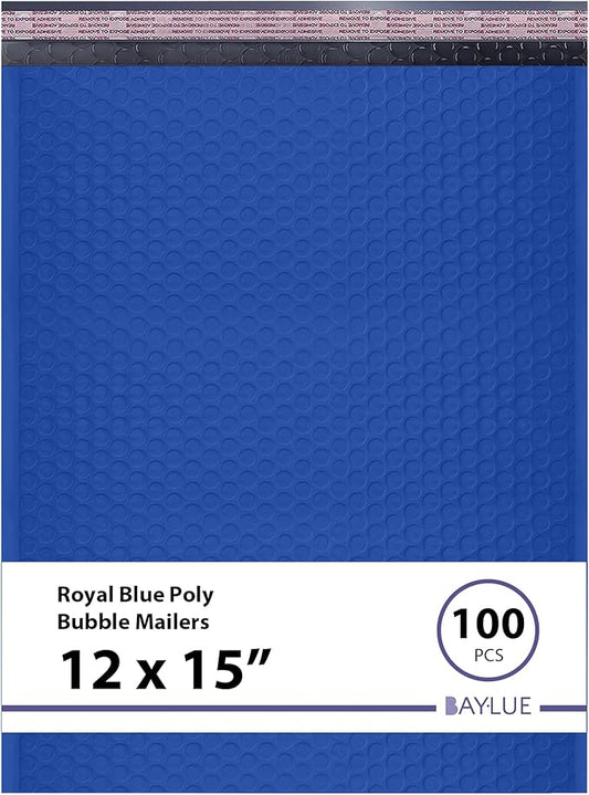 Royal Blue Large Poly Bubble Mailers 12x15 inch | Self Seal Padded Envelopes Cushioned Bubble Mailer | Usable Size 12x15 | WaterProof | Lightweight mailing Shipping Bags | 100 Pack Bulk