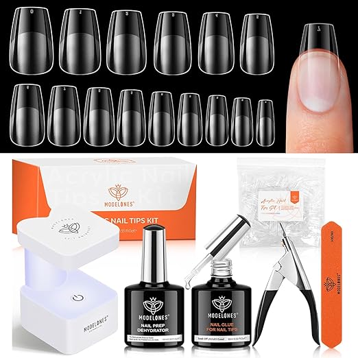 modelones X Nail Gel Kit Short Coffin,510Pcs Fake Nails 15Sizes, 9-in-One Glue Prep Dehydrator & Mini U V Light Clipper, Pre-shaped Half Matte Press on Short Coffin Tips for DIY Salon