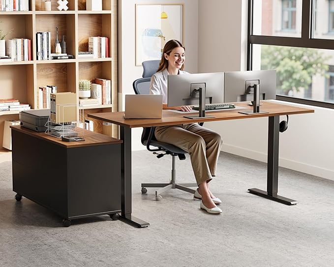 48" L Shaped Electric Standing Desk with Cabinet Sets, Walnut/Black | Mobile Drawers & File Cabinet Sets for Flexible Layout, Height Adjustable Executive Stand Up Desk for Home Office Workstation