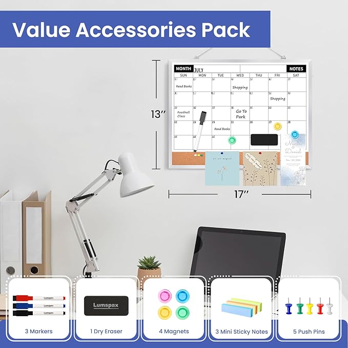 Monthly Calendar Dry Erase Board for Wall, 17"x13" Double-Sided Magnetic Calendar White Board with Cork, Silver Aluminum Alloy Frame Hanging Small Whiteboard for Office, Home, School