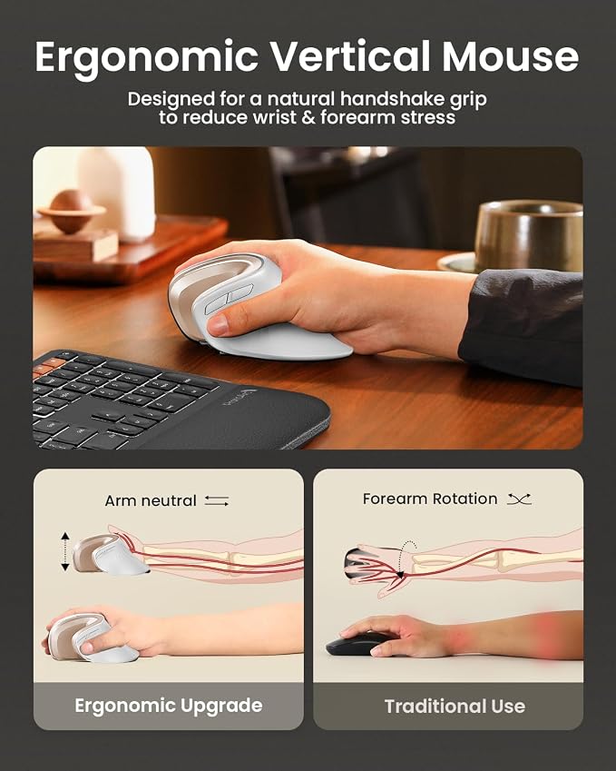 ProtoArc EM11 NL Wireless Ergonomic Mouse, Rechargeable, White Gold | 58° vertical design supports a natural wrist posture, connect 3 devices via Bluetooth/2.4G USB-A, 500mAh USB-C rechargeable.
