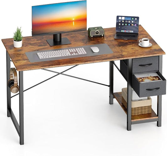 Sweetcrispy 40-Inch Computer Desk with Drawers, Office Desk, Brown | Small Desk for Bedroom Home Office with Side Hook, Modern Simple Desk with Storage for Writing