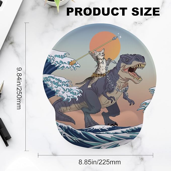 Cat and Dinosaur Mouse Pad with Gel Wrist Support, Smooth Surface Ergonomic Mouse pad, Non-Slip Pain Relief Desk Mat for Gaming, Work & Office Desktop