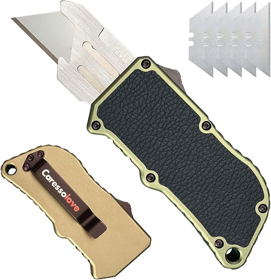 Caresolove Utility Knife Quick Exit Button, EDC Double Action Automatic Knife Push Button, Boxcutter Retractable With Clip, Auto Out The Front Box Cutter With 5PCS Replacement Blades