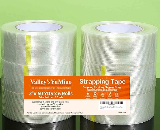 Valley'sYuMiao 6 Pack Mono Filament Strapping Tape, 2 in×60yds, Reinforced Strapping Fiberglass Packing, Clear Heavy Duty Wearproof Tape, Extra Thickness 5.5 mils
