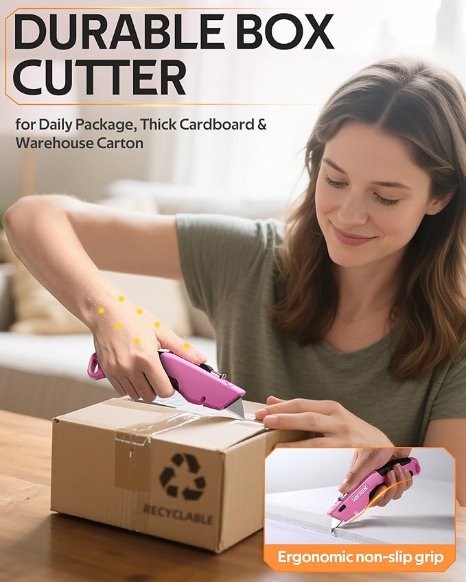 VOTREK® Box Cutter Utility Knife, 2-in-1 Safety Retractable Box Cutter for Women, Quick Change Razor Knife for Home, Office & DIY, Blade Storage Design, with Extra Sharp Razor & Hook Blades (Pink)