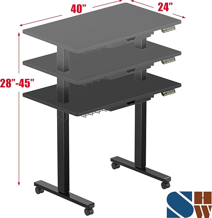 SHW 40-Inch Mobile Electric Height Adjustable Sit to Stand Desk with Drawer, Hanging Hooks and Cable Management, Black