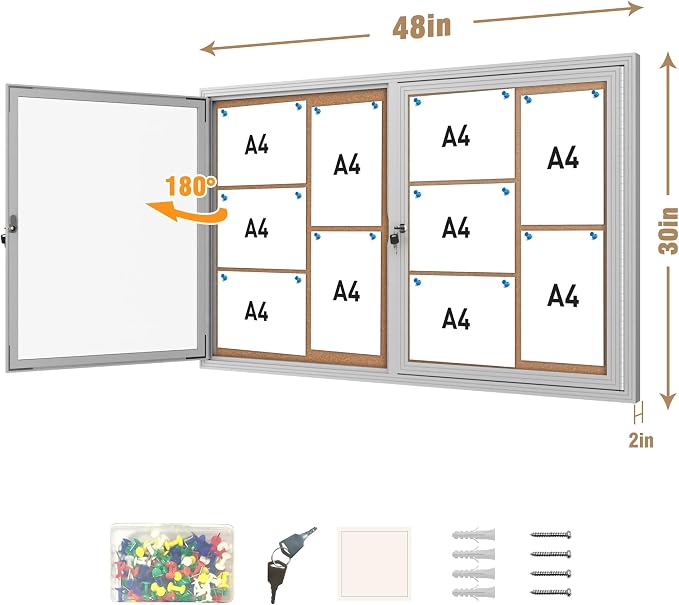Mifuro 48"x30" Enclosed Bulletin Board, Outdoor Lockable Weather-Resistant Aluminum Cork Noticeboard for School & Office, Silver Frame w/Cork
