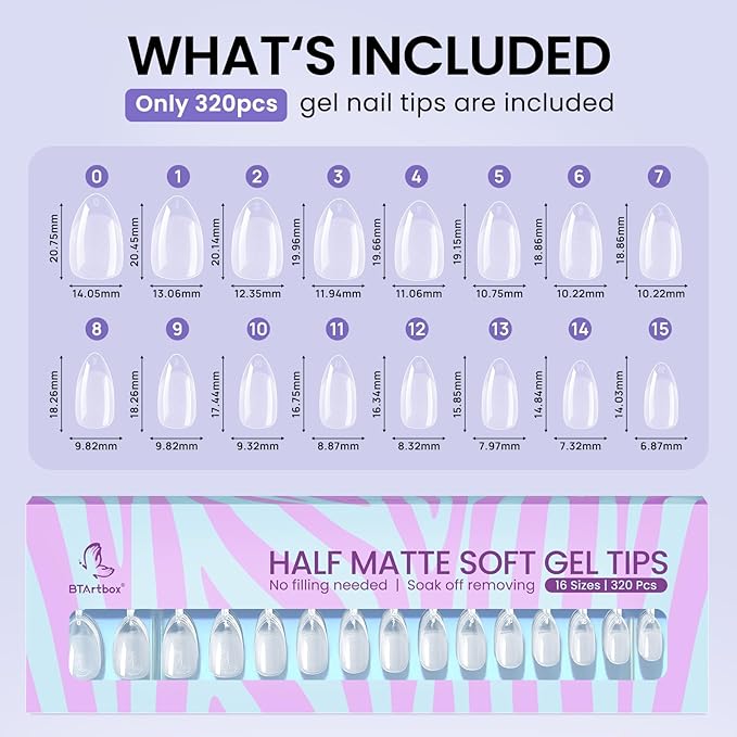 BTArtbox Short Almond Nail Tips - 320pcs Pre-shape Half Matte Soft Gel Tips, Clear Ultra Fit & Natural Acrylic Fake Nails for Full Cover Nail Extension, 16 Sizes