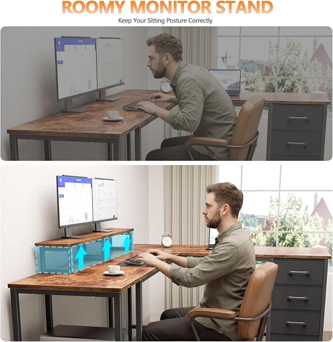 Korfile 66 inch L Shaped Computer Desk with Power Outlets, Rustic Brown | Ideal for Home Office, Bedroom, Corner, 4 Adjustable Storage Drawers, 2 Monitor Stands, Reversible, Two Person Gaming Table