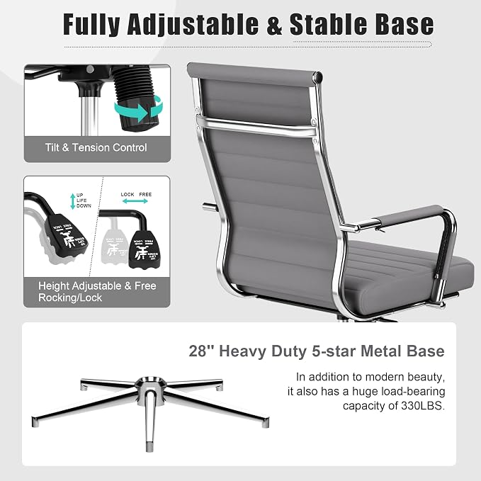 Okeysen Office Desk Chair, Ergonomic Leather Modern Conference Room Chairs, Executive Ribbed Height Adjustable Swivel Rolling Chair for Home Office Set of 20. (Grey)