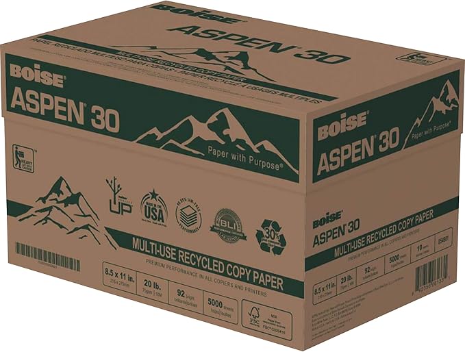 Boise ASPEN 30 Multi-Use Printer & Copy Paper, 10 Reams, White, Letter Size, 5000 Sheets Per Case- 054901-CTN