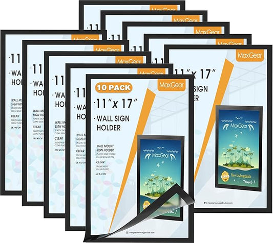 MaxGear 10 Pack Magnetic Sign Holder 11 x 17 with Magnetic Border，Self Adhesive Wall Mount Sign Holder Display Picture Frames Window Document Poster Paper Flyer Holder for Home Office Store
