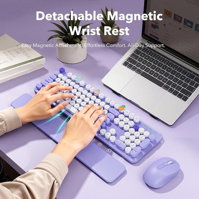 Wireless Keyboard and Mouse, Round Keycaps, Magnetic Wrist Rest, Purple | Full-Size Retro Typewriter-Style Keyboard, Tilt Legs, Auto Sleep, 2.4GHz Cordless for MacOS, Windows PC, Laptop, SABLUTE CK23