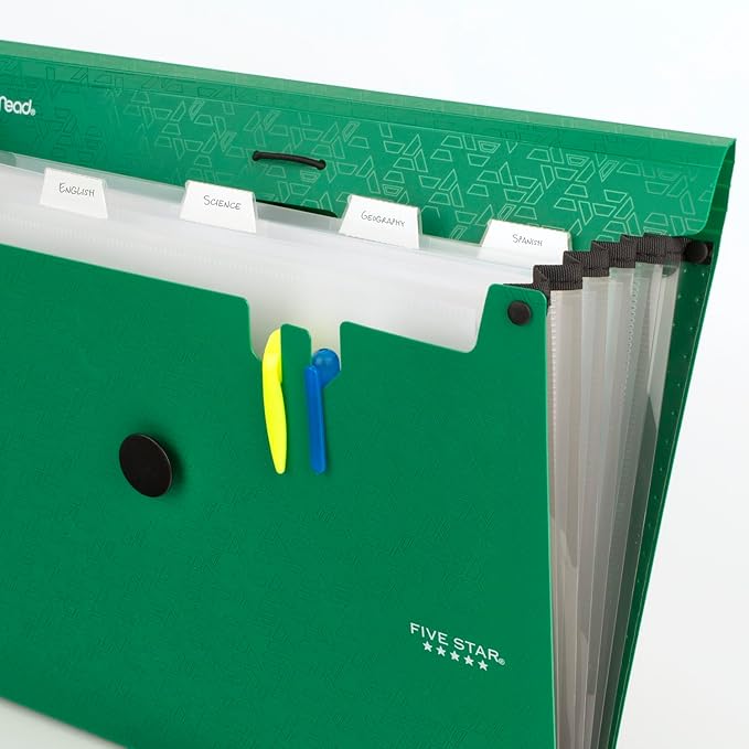 Five Star Expanding File Organizer, 6-Pocket Accordian File Organizer, Bungee Closure, Holds 11" x 8-1/2", Forest Green (350100D-ECM) (Pack of 2)