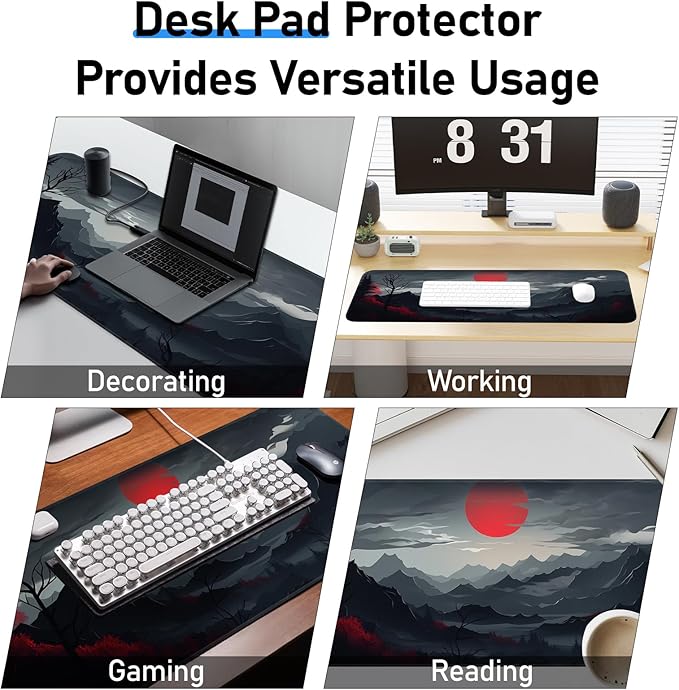 Gaming Mouse Pad, Non-Slip Rubber Bottom with Stitched Edge Desk Mouse Pad for Work, Home, Gaming, 31.5 x 11.8 Inch, Red Moon
