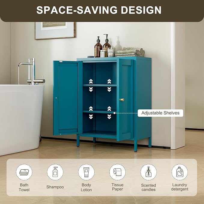 Bevivog Bathroom Floor Storage Cabinet,Metal Storage Sideboard with 2 Doors and 2 Adjustable Shelves,Modern Small Storage Cabinets, Blue Metal Locker for Entryway,Living Room,Hallway