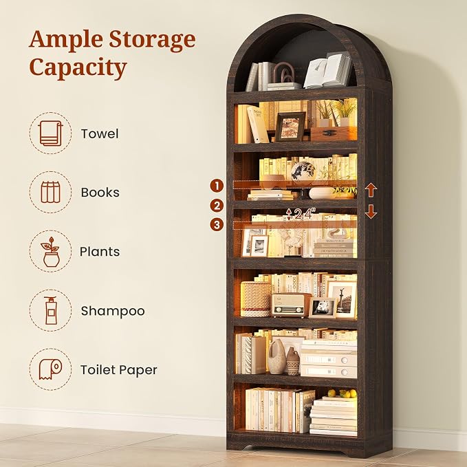 79.4"Tall Arched Cabinet,Bookcase with storage,Mid-Century Modern 7-Tier Bookshelf with RGB Light,2 Book Risers,Adjustable Shelf offering more space for Living Room,Kitchen,Home Office(Walnut)