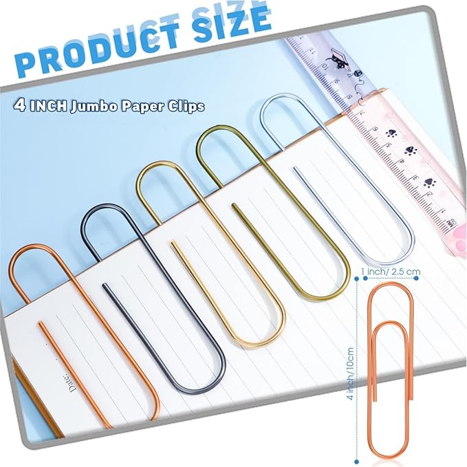 High Bright 40 Pack 4 Inches Mega Large Paper Clips - 8 Colors Per Color 5pcs 100mm Cute Paper Needle Multicolor Bookmark,Office Supply Accessories (8 Colors/40pcs)