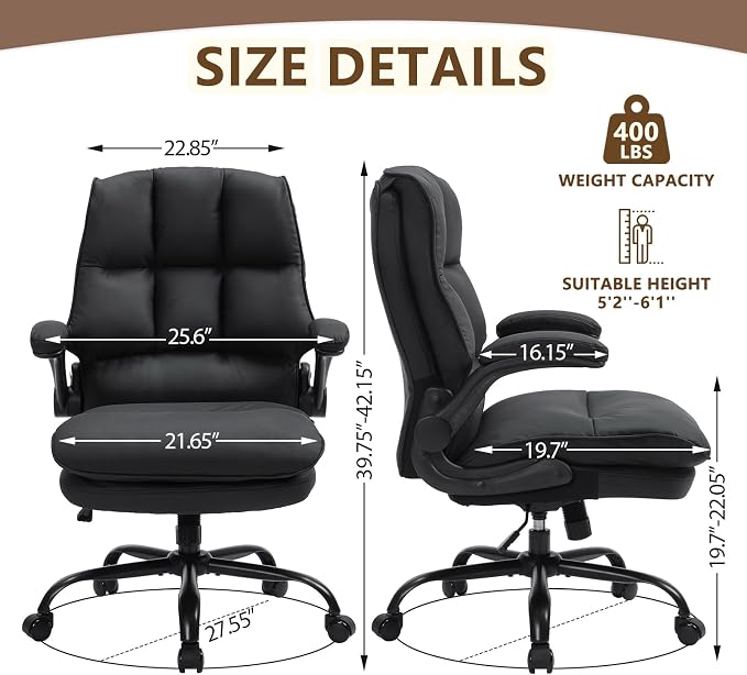 Comfy Office Chair Soft and Double Cushioned Ergonomic Computer Desk Chair | Suitable for Long Hours Executive Office Chair with Flip-up Armrests and Height Adjustment for Home Office Black