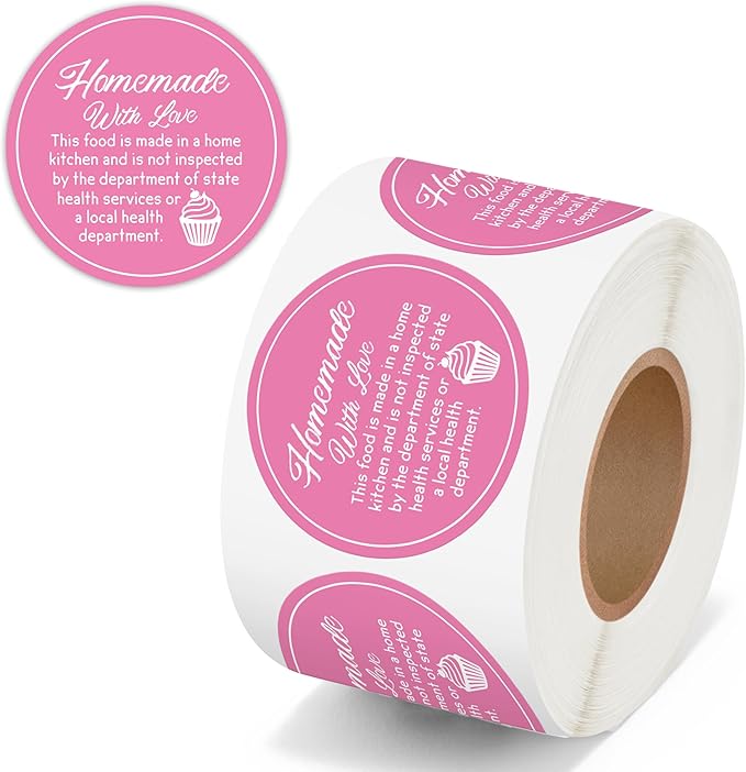 PANTIDE Cottage Food Law Labels Stickers - 500 Count Homemade with Love Adhesive Round Decal Roll, Made in A Home Kitchen Inspection Statement Thermal Printed for Food Packaging (2 x 2 Inch, Pink)