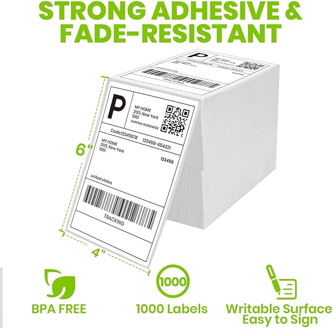 ADHES 4x6 Thermal Shipping Labels 1000 Fanfold – Strong Adhesive, Top-coated Thermal Label Printer Paper, BPA/BPS Free 4x6 Shipping Labels for Mailing and Packaging