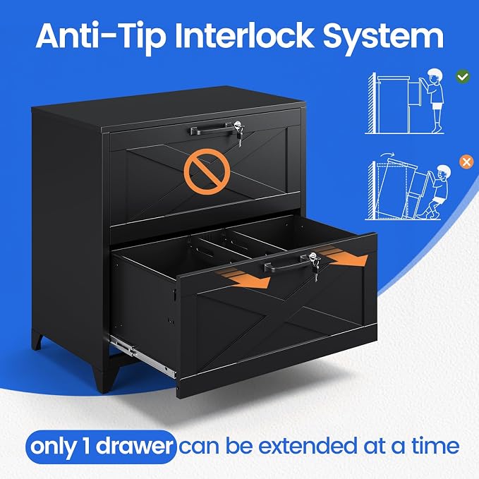 MIIIKO 2 Drawer File Cabinet with Lock,Metal Lateral Filing Storage Cabinets for Home Office,Files Folders Letter/Legal/A4 Size(Black)