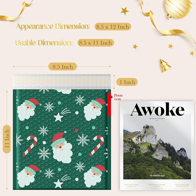 Fuxury Bubble Mailers 8.5x12 Inch 10 Pack Christmas Padded Envelopes Usable Size 8.5x11" Thick Mailing Envelopes Bubble Opaque Padded Mailers Shipping Bags for Mailing Jewelry Makeup Small Business #2