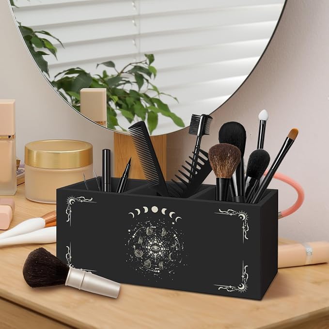 Gothic Office Decor Black Wooden Pen Pencil Holder for Desk Accessories, Dark Gothic Witchy Aesthetic Wood Makeup Brush Toothbrush Holder Organizer for Vanity Bathroom
