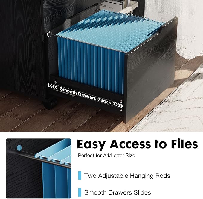OLIXIS 3 Drawer Lateral File Cabinet, Rolling Printer Stand with Storage | Mobile Filing Cabinet Fits Under Desks, Holds A4/letter Files with Hanging Frame and Lockable Wheels, Black